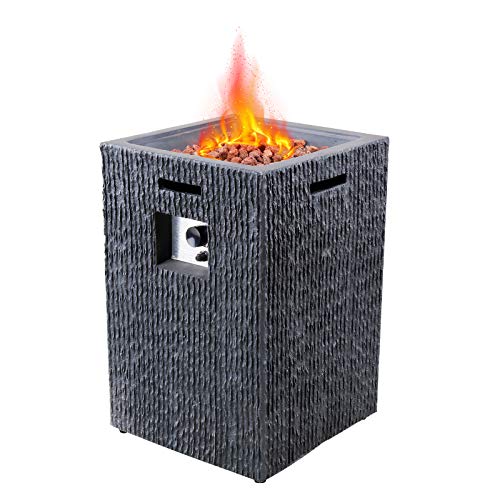 19 inch Outdoor Propane Fire Pit Table, 40,000 BTU Patio Gas Heater Column with Vertical Texture Surface, Red Lava Rocks, and Waterproof Cover