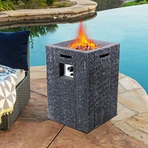 19 inch Outdoor Propane Fire Pit Table, 40,000 BTU Patio Gas Heater Column with Vertical Texture Surface, Red Lava Rocks, and Waterproof Cover