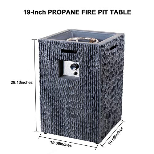 19 inch Outdoor Propane Fire Pit Table, 40,000 BTU Patio Gas Heater Column with Vertical Texture Surface, Red Lava Rocks, and Waterproof Cover