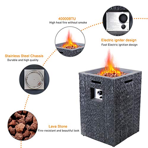 19 inch Outdoor Propane Fire Pit Table, 40,000 BTU Patio Gas Heater Column with Vertical Texture Surface, Red Lava Rocks, and Waterproof Cover