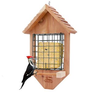 solution4patio usa cedar tail prop suet bird feeder with one perch, clasp suet cage for squirrel proof, suet cake holder for pileated woodpecker, downy woodpecker, nuthatch, chickadees, etc.
