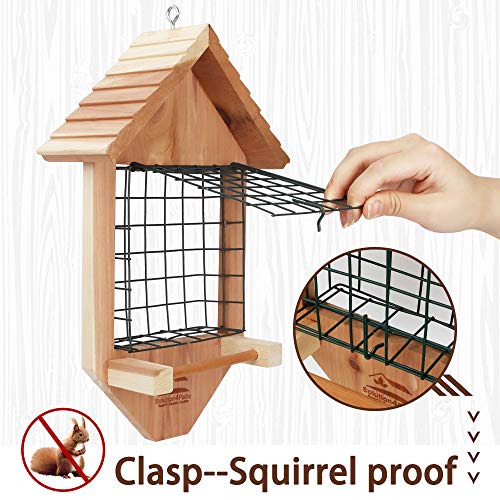 Solution4Patio USA Cedar Tail Prop Suet Bird Feeder with One Perch, Clasp Suet Cage for Squirrel Proof, Suet Cake Holder for Pileated Woodpecker, Downy Woodpecker, Nuthatch, Chickadees, etc.