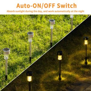 GIGALUMI Solar Pathway Lights 12 Pack, Stainless Steel IP44 Waterproof Auto On/Off Outdoor LED Solar Landscape Lights for Garden, Yard, Patio, Path and Walkway. (Warm White)