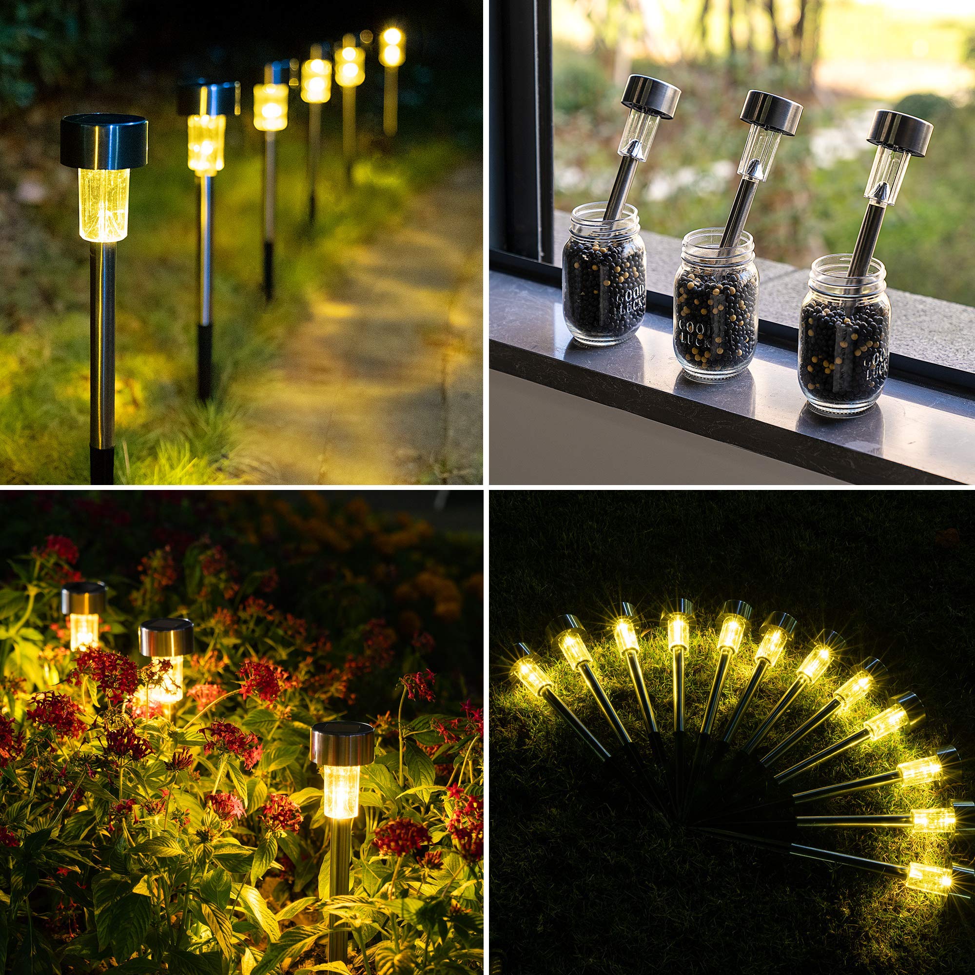 GIGALUMI Solar Pathway Lights 12 Pack, Stainless Steel IP44 Waterproof Auto On/Off Outdoor LED Solar Landscape Lights for Garden, Yard, Patio, Path and Walkway. (Warm White)