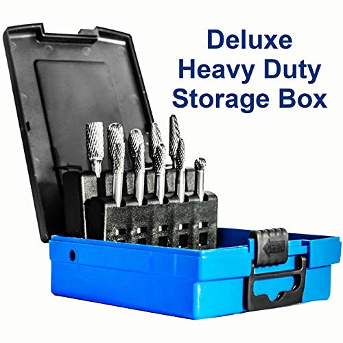 10pc Carbide Burr Set 1/4" Shank Tungsten Double Cut Rotary Die Grinder Bits - Cutting Burrs for Milwaukee, Dewalt and Die Grinder Accessories - Wood Carving Metal Working & Sturdy Storage Case