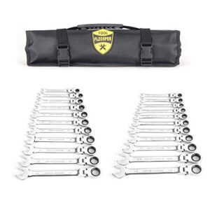 22-piece flex-head ratcheting wrench set，metric & sae chrome vanadium steel hand combination wrench spanner with portable carrying bag (flex head ratchet wrench)