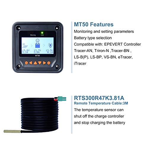 EPEVER 40A MPPT Solar Charge Controller, 12V/24V Auto, Max Input 100V Solar Panel 520W/1040W Regulator for Gel Sealed Flooded AGM Lithium Battery Charging, Negative Grounded(40A+MT50+RTS)