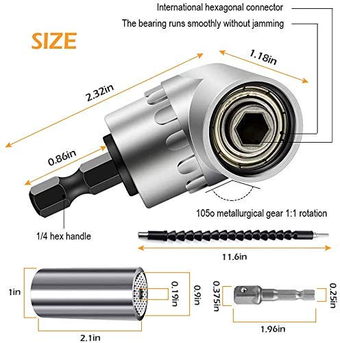 Flexible Drill Bit Extension and Universal Socket Wrench Tool Set, 105° Right Angle Drill Attachment, 1/4 3/8 1/2" Universal Socket Adapter Set, Screwdriver Bit Kit