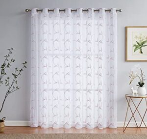 linenzone sheer white patio door curtain for sliding door with blush pink leaf embroidery. extra wide curtains for patio doors, glass door curtains, or balcony curtains. (maria 102 x 84 blush)