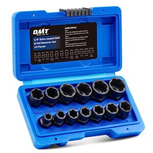 omt impact nut and bolt extraction tool set, rusted damaged stripped nut and bolt remover tool kit, nut bolt extractor socket set in 13 sae and metric sizes for 3/8 inch drive with case