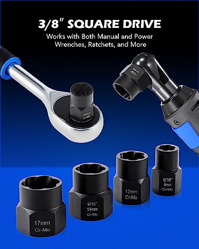 OMT Impact Nut and Bolt Extraction Tool Set, Rusted Damaged Stripped Nut and Bolt Remover Tool Kit, Nut Bolt Extractor Socket Set in 13 SAE and Metric Sizes for 3/8 Inch Drive with Case