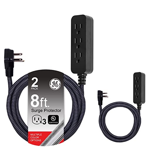 GE 3-Outlet Power Strip Surge Protector 8 Ft Braided Long Cord Extension Cord Surge Protector Power Strip Flat Plug Extension Cord 250 Joules UL Listed 2 Pack Black 53249