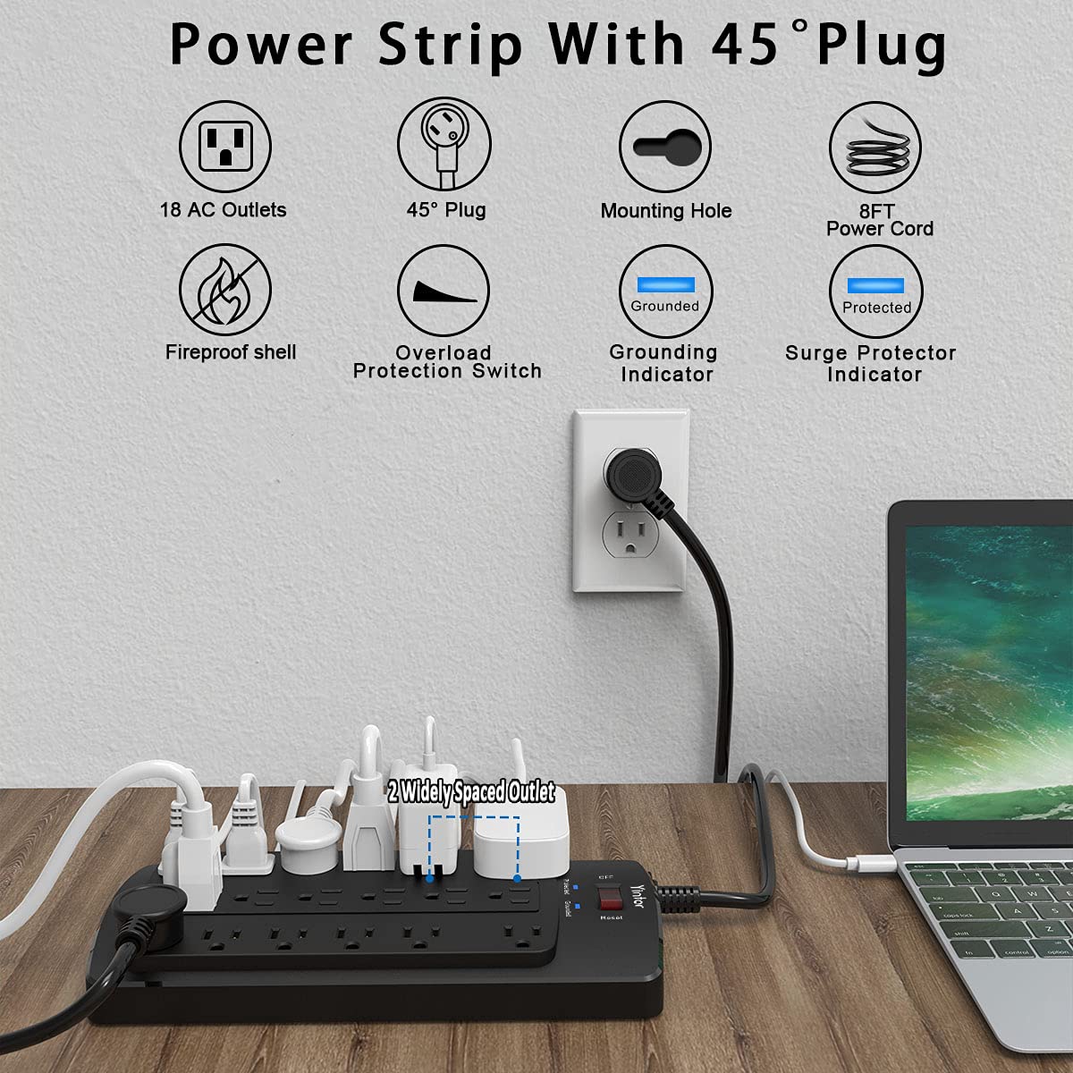 8 Ft Power Strip, Yintar Surge Protector with 18 AC Outlets, 8 Feet Flat Plug Extension Cord (1875W/15A) for for Home, Office, Dorm Essentials, 2100 Joules, ETL Listed, Black