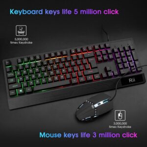 Rii RK400 RGB Gaming Keyboard and Mouse Combo ,Wired Mechanical Feel 3-LED Backlit Keyboard,104 Keys USB Ergonomic Wrist Rest Keyboard,6 Button RGB Mouse for Windows Gamer Desktop, Computer (Black)