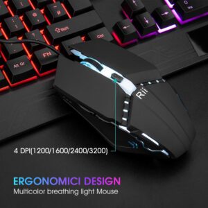 Rii RK400 RGB Gaming Keyboard and Mouse Combo ,Wired Mechanical Feel 3-LED Backlit Keyboard,104 Keys USB Ergonomic Wrist Rest Keyboard,6 Button RGB Mouse for Windows Gamer Desktop, Computer (Black)