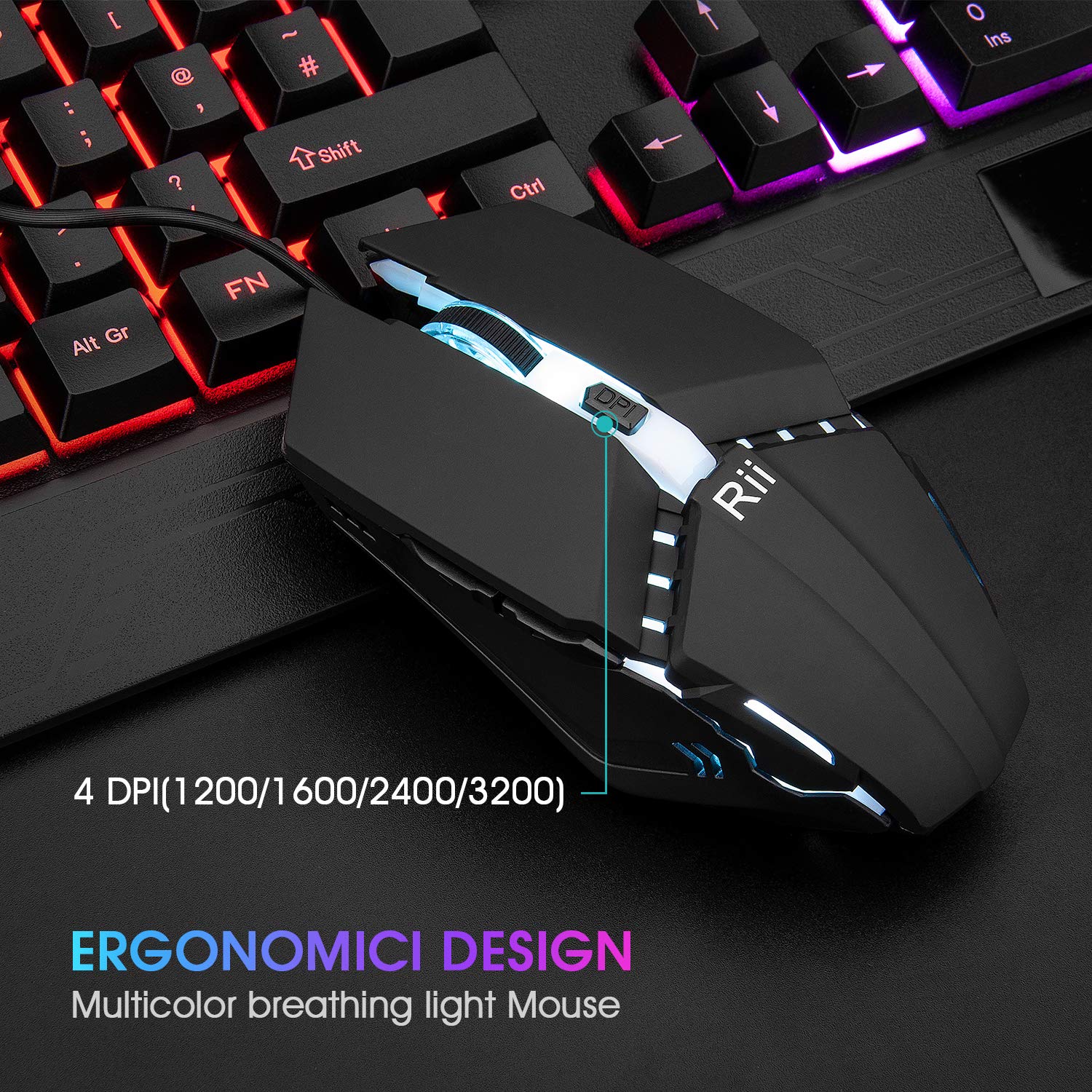 Rii RK400 RGB Gaming Keyboard and Mouse Combo ,Wired Mechanical Feel 3-LED Backlit Keyboard,104 Keys USB Ergonomic Wrist Rest Keyboard,6 Button RGB Mouse for Windows Gamer Desktop, Computer (Black)