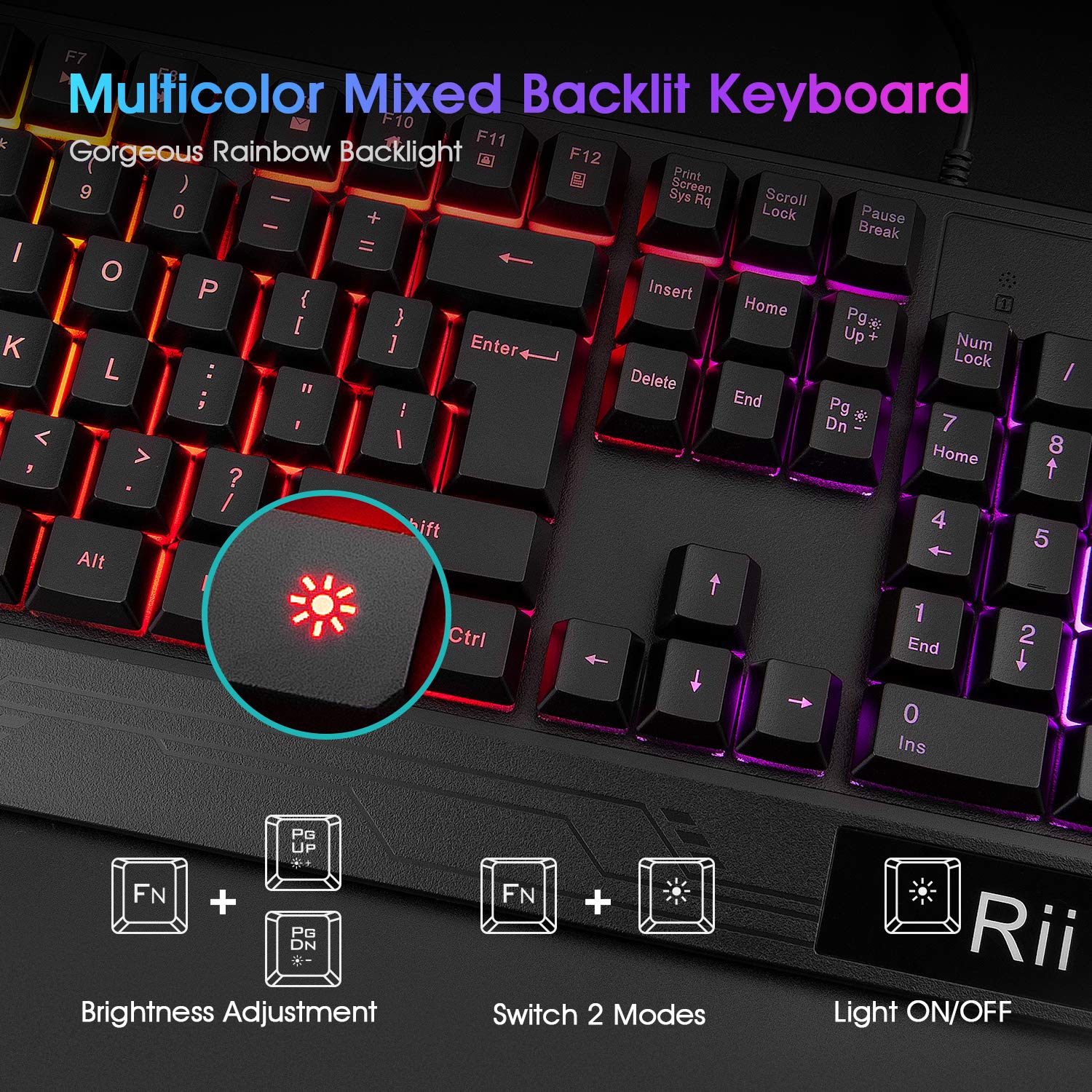 Rii RK400 RGB Gaming Keyboard and Mouse Combo ,Wired Mechanical Feel 3-LED Backlit Keyboard,104 Keys USB Ergonomic Wrist Rest Keyboard,6 Button RGB Mouse for Windows Gamer Desktop, Computer (Black)