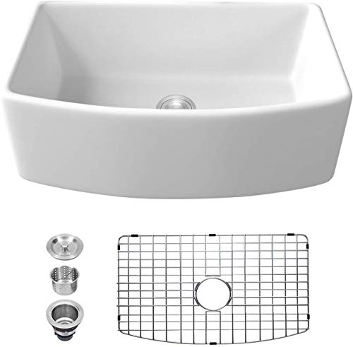 30 White Farmhouse Sink - Logmey 30 inch Kitchen Sink Arch Edge Curved Ceramic Fireclay Apron Front Single Bowl Farm Sink