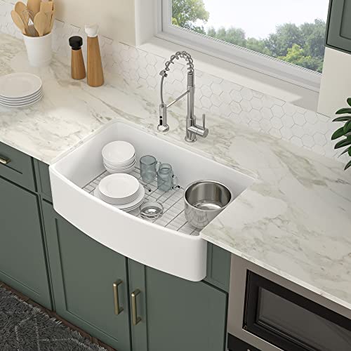 30 White Farmhouse Sink - Logmey 30 inch Kitchen Sink Arch Edge Curved Ceramic Fireclay Apron Front Single Bowl Farm Sink