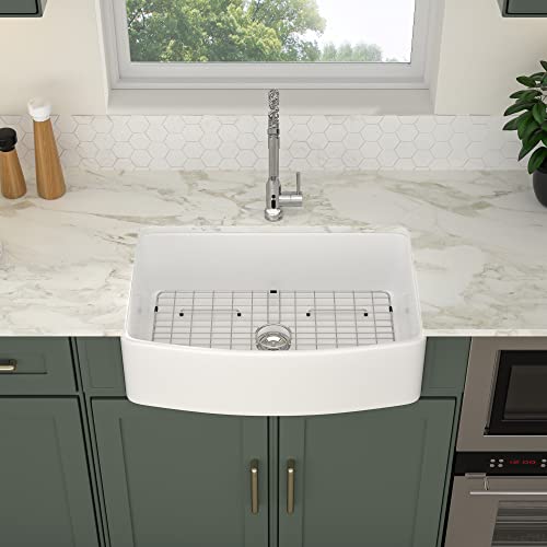 30 White Farmhouse Sink - Logmey 30 inch Kitchen Sink Arch Edge Curved Ceramic Fireclay Apron Front Single Bowl Farm Sink