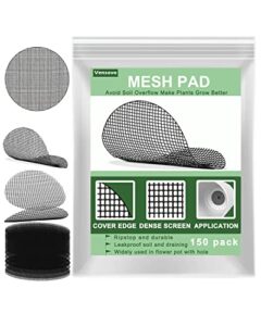 mesh pad for flower pots - 150 pack 2 x 2 inch bonsai pot bottom grid mat mesh, plant drainage mesh screen with hot melt edge, round plant hole screens keep soil from flowing away