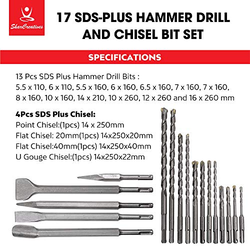 SharCreatives 17 Pieces SDS PLUS Rotary Hammer Drill Bits Set & Chisels with Storage Case for Drilling Concrete, Masonry, Bricks and Stone