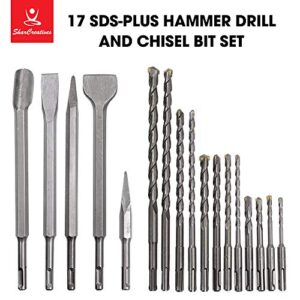 SharCreatives 17 Pieces SDS PLUS Rotary Hammer Drill Bits Set & Chisels with Storage Case for Drilling Concrete, Masonry, Bricks and Stone