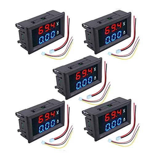 diymore 5PCS 0.28" Volt Amp Meter Digital Voltmeter Ammeter DC 100V 10A Waterproof Dual Display Current Voltage Meter Mini Ammeter Voltmeter 3 Bits Dual LED Display Panel(Red-Blue)