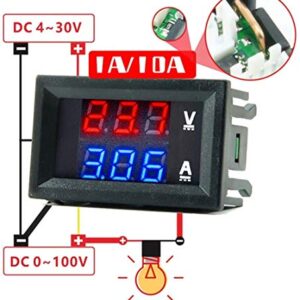 diymore 5PCS 0.28" Volt Amp Meter Digital Voltmeter Ammeter DC 100V 10A Waterproof Dual Display Current Voltage Meter Mini Ammeter Voltmeter 3 Bits Dual LED Display Panel(Red-Blue)