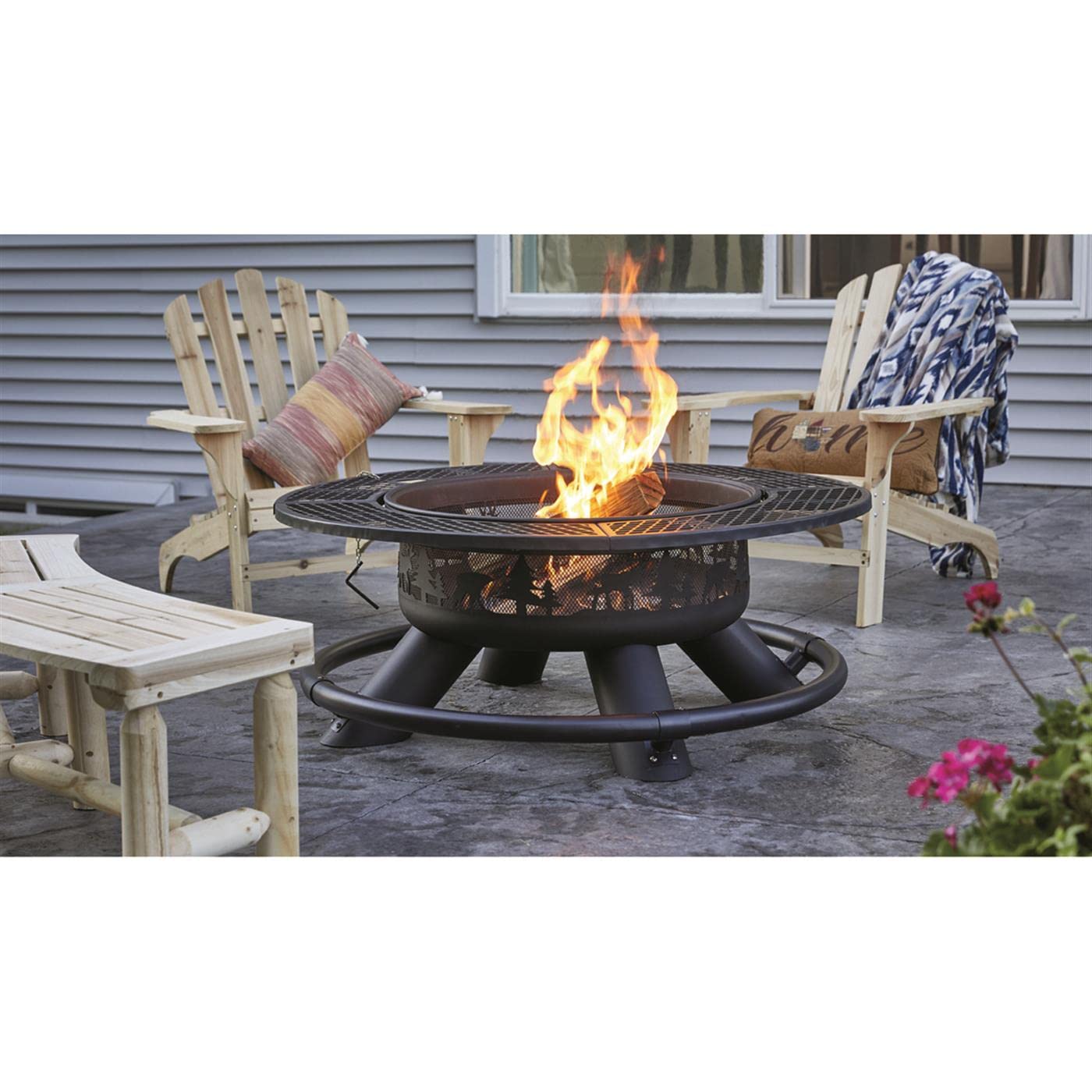CASTLECREEK 47" Fire Pit BBQ Grill Outdoor Wood Burning Steel Log Firepit for Camping, Grilling, Smores, Yard, Cooking Outside, Barbecue, Bonfire, Wilderness