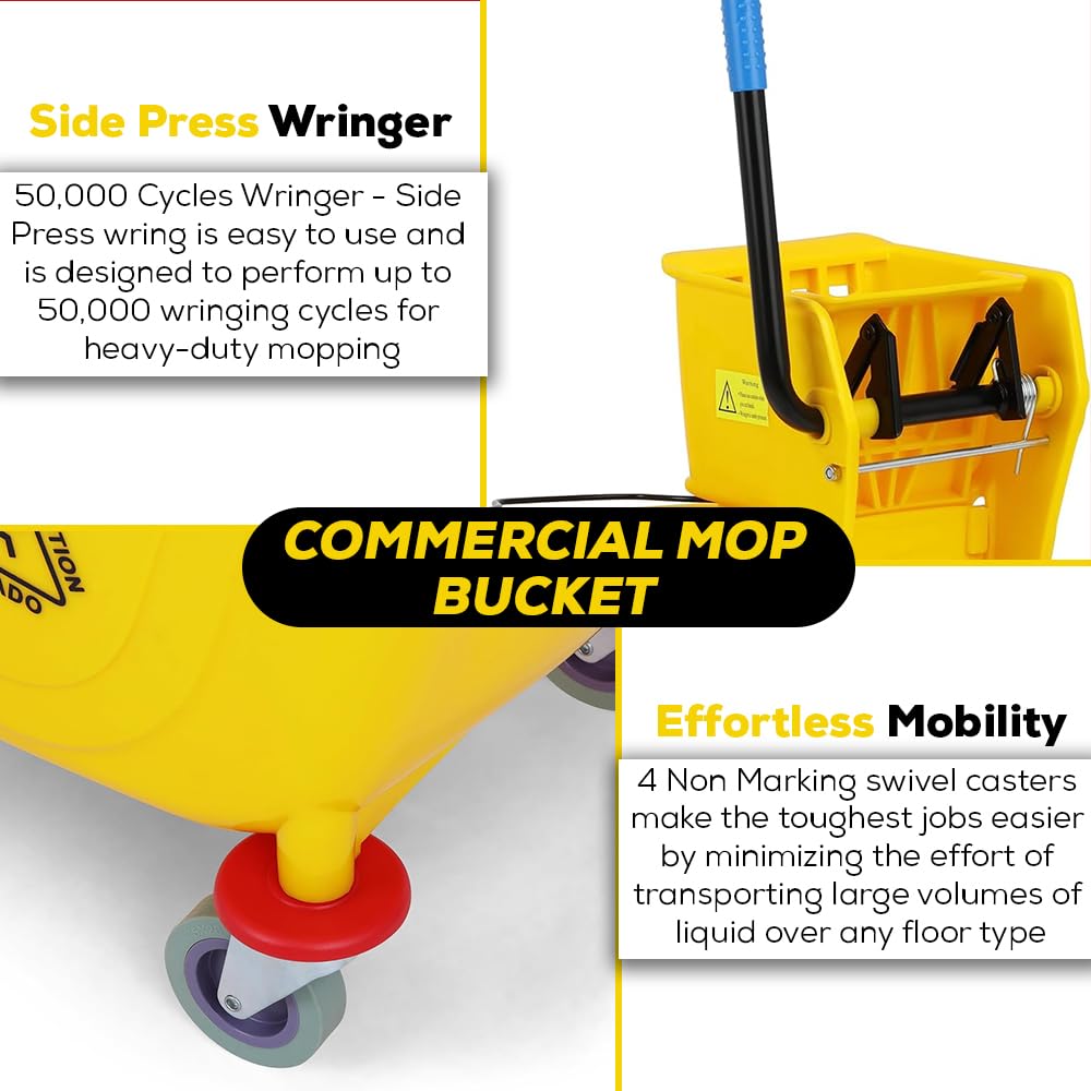 Simpli-Magic 79358 Commercial Mop Bucket with Side Press Wringer, 26 Quart, Yellow