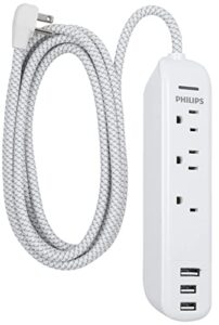 philips accessories 3 outlet surge protector power strip with 3 usb ports, 6 ft designer braided power cord, flat plug, perfect for office or home décor, 360 joules, etl listed, white, spp3306wb/37