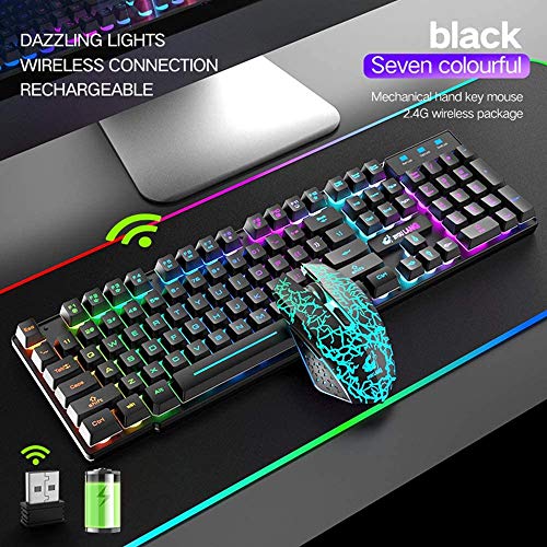 Wireless Gaming Keyboard and Mouse Combo with Rainbow LED Backlit Rechargeable 3800mAh Battery Mechanical Feel,7 Color Gaming Mouse,Mouse Pad for Windows PC Gamers(Black)