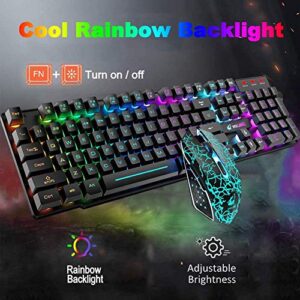 Wireless Gaming Keyboard and Mouse Combo with Rainbow LED Backlit Rechargeable 3800mAh Battery Mechanical Feel,7 Color Gaming Mouse,Mouse Pad for Windows PC Gamers(Black)