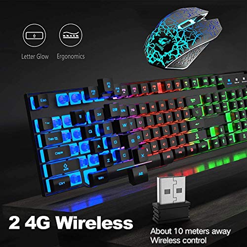 Wireless Gaming Keyboard and Mouse Combo with Rainbow LED Backlit Rechargeable 3800mAh Battery Mechanical Feel,7 Color Gaming Mouse,Mouse Pad for Windows PC Gamers(Black)