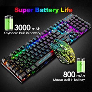 Wireless Gaming Keyboard and Mouse Combo with Rainbow LED Backlit Rechargeable 3800mAh Battery Mechanical Feel,7 Color Gaming Mouse,Mouse Pad for Windows PC Gamers(Black)