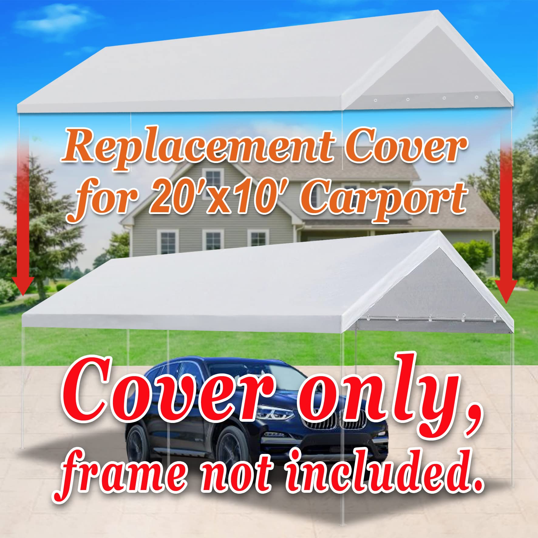Strong Camel 10 x 20 Carport Canopy Replacement Cover Valance Canopy Replacements Top with Ball Bungees White (Only Cover, Frame is not Included)