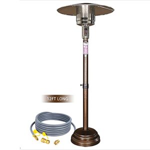 natural gas patio heater adjustable height (55in-78in), 12ft hose included, passed ce csa certification, it’s really too cold to sit outside in the spring and autumn,its heat output will get very warm
