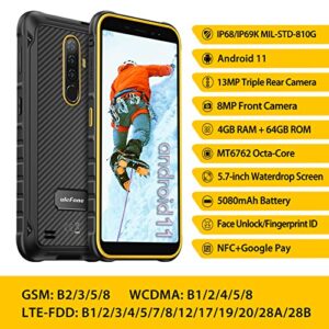 Ulefone Armor X8 Rugged Phones Unlocked, 4GB + 64GB, Android 11, 5.7 inch Rugged Smartphone, 13MP Triple Rear Camera, 5080mAh Big Battery, Dual 4G, Type C, GPS, NFC, US Version - Orange