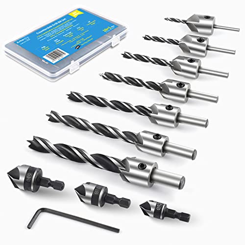 amoolo 10-Pack Countersink Drill Bit Set with 1 Free Hex Key Wrench, 7 Pcs Countersink Drill Bits for Wood, 3 Pcs Hex Shank Wood Countersink Bits (1/2" 5/8" 3/4"), Woodworking Carpentry Reamer