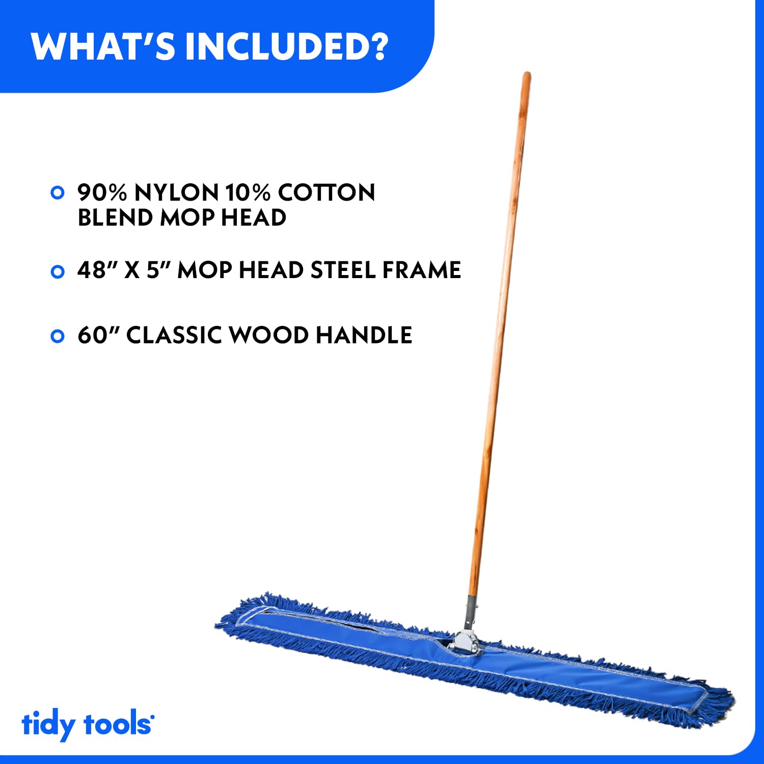 Tidy Tools Commercial Dust Mop & Floor Sweeper, 48 in. Dust Mop for Hardwood Floors, Reusable Dust Mop Head, Wooden Broom Handle, Industrial Dry Mop for Floor Cleaning & Janitorial Supplies, Blue