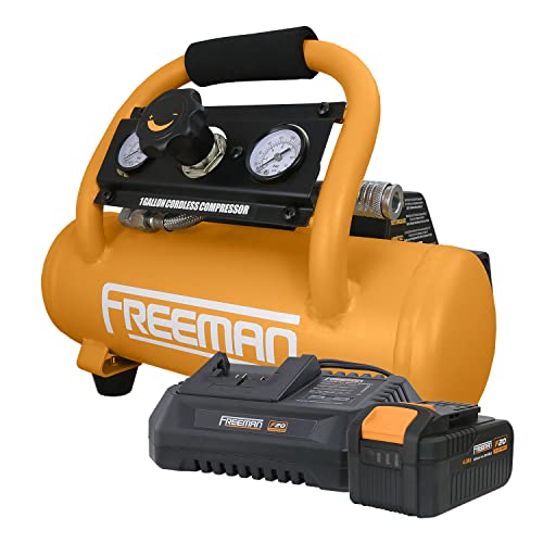 Freeman PE20V1GCK 20 Volt Cordless 1 Gallon 1/3 HP Portable Air Compressor Kit with Lithium-Ion Battery and Charger – 700 Shots per Charge