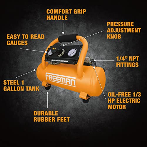 Freeman PE20V1GCK 20 Volt Cordless 1 Gallon 1/3 HP Portable Air Compressor Kit with Lithium-Ion Battery and Charger – 700 Shots per Charge