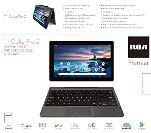 RCA 11 Delta Pro2 11.6 Inch Quad-Core 2GB RAM 64GB Storage IPS 1366 x 768 Touchscreen WiFi Bluetooth with Detachable Keyboard Android 10 Tablet Charcoal