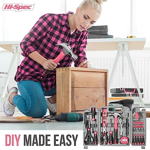 Hi-Spec 54pc Pink Home DIY Tool Kit Set for Women, Office & Garage. Complete Ladies Basic House Tool Box Set