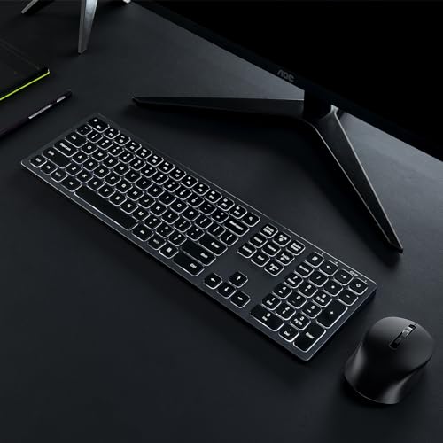 Wireless Backlit Keyboard and Mouse Combo, Seenda Illuminated Light Up Full Size Keyboard, Rechargeable Keyboard and Mouse for Microsoft Windows PC Computer Laptop Desktop, Space Grey