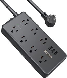 power strip surge protector, trond 7 ac outlets with 3 usb ports, etl listed, low profile flat plug, 4ft extension cord, 14awg heavy duty, 1700 joules, for desk, home, office, dorm essentials, black