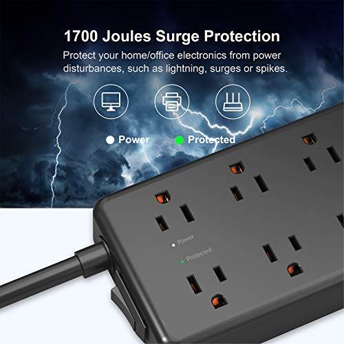 Power Strip Surge Protector, TROND 7 AC Outlets with 3 USB Ports, ETL Listed, Low Profile Flat Plug, 4ft Extension Cord, 14AWG Heavy Duty, 1700 Joules, for Desk, Home, Office, Dorm Essentials, Black