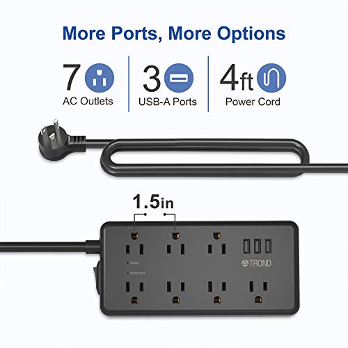 Power Strip Surge Protector, TROND 7 AC Outlets with 3 USB Ports, ETL Listed, Low Profile Flat Plug, 4ft Extension Cord, 14AWG Heavy Duty, 1700 Joules, for Desk, Home, Office, Dorm Essentials, Black