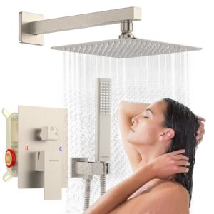 rain shower system sets faucet: embather 10 inch overhead rainhead shower combo set with handheld and valve-luxury modern mixer rainfall brushed nickel shower faucets sets complete
